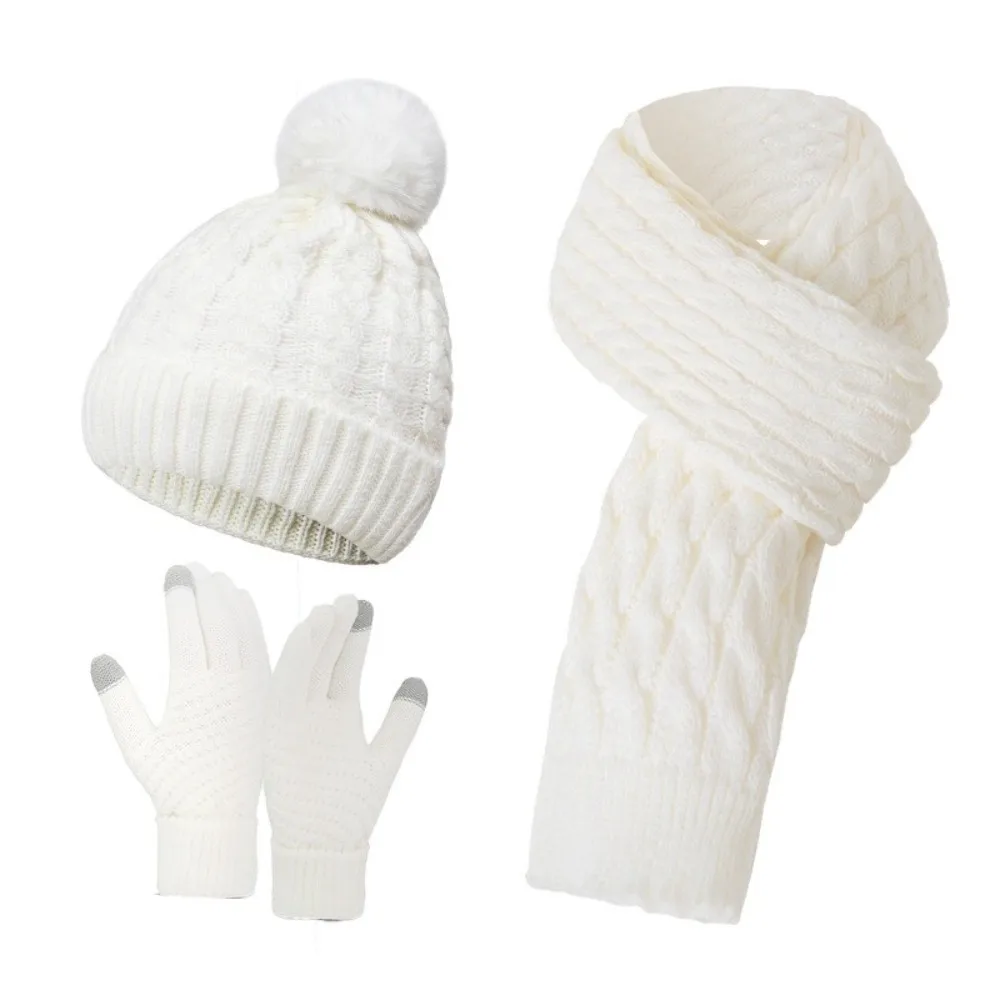 3Pcs/Set Warm Winter Hat Scarf Gloves Set Thicken Windproof Scarf Neck Warmer Suit Elastic Soft Knit Beanie Snood Set