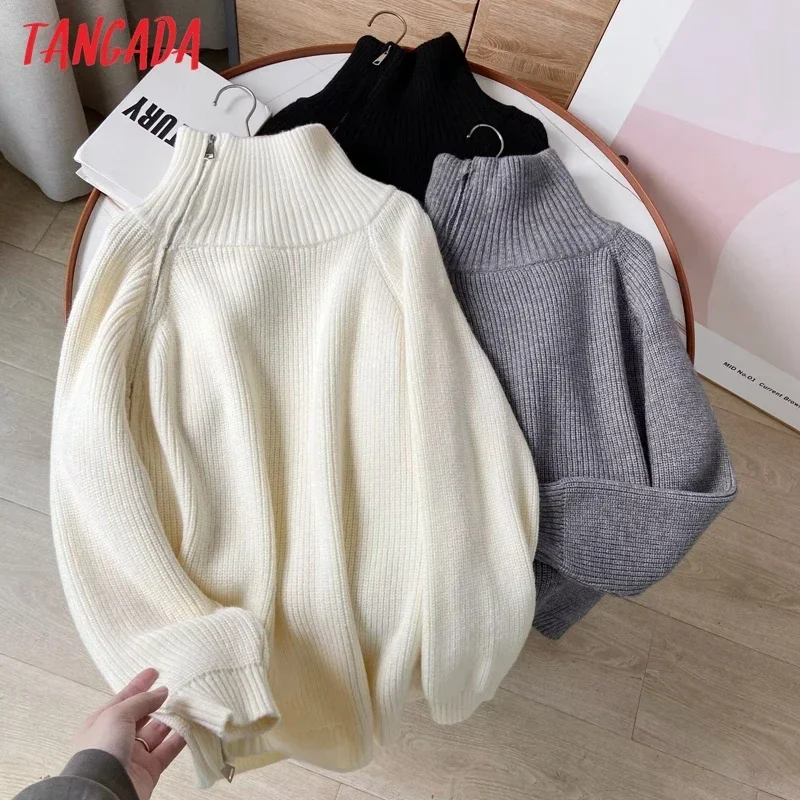 Tangada 2023 Autumn Winter Women Oversized Zipper Thick Knitted Sweater Jumper Female Pullovers 9H44