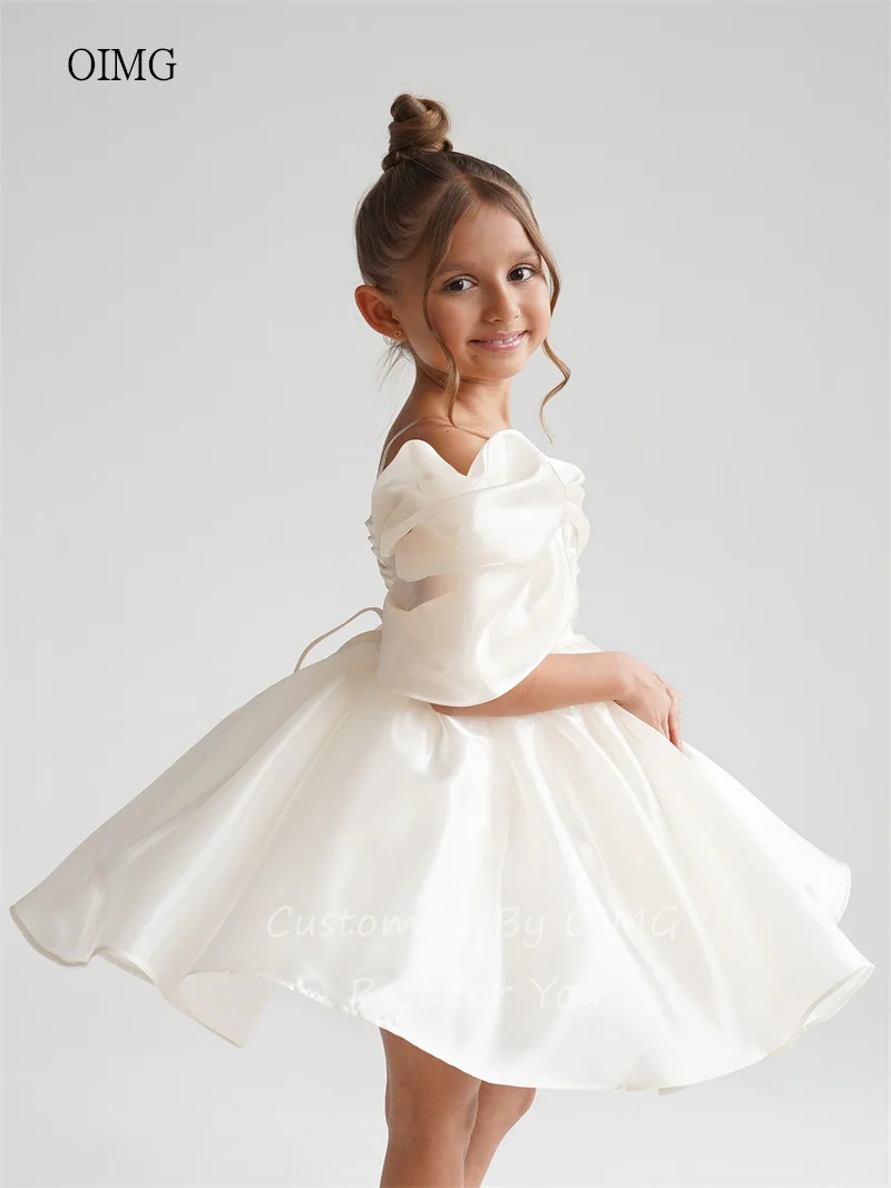 OIMG Classic Ivory Off The Shoulder A Line Flower Girl Dresses Backless Pleated Wedding Dress Mini Birthday Dress Customized
