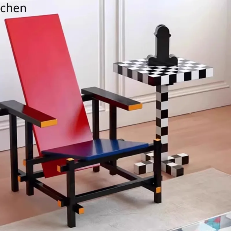 HT Geometric Single Chair Minimalist Chess Side Table Red Blue Chair Living Room Sofa Art Side Table Leisure Furniture