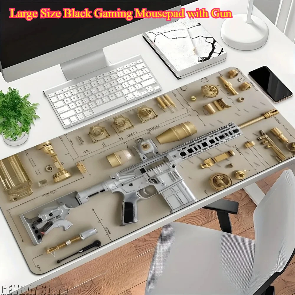 Large Size Black Gaming Mousepad with Gun - Pattern Office Computer Anti-Slip Desk Mat Integrated