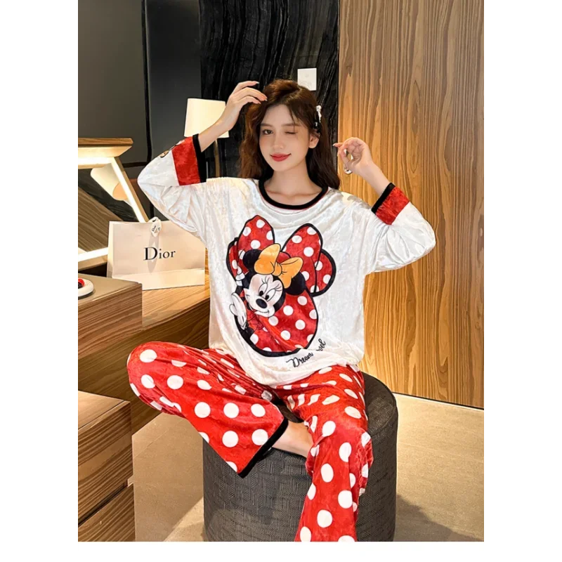 Disney Mickey Mouse Ice Silk Women\'s Pajamas Loose Crew Neck Long Sleeve Two-piece Casual Two-piece Pajamas Homewear Set