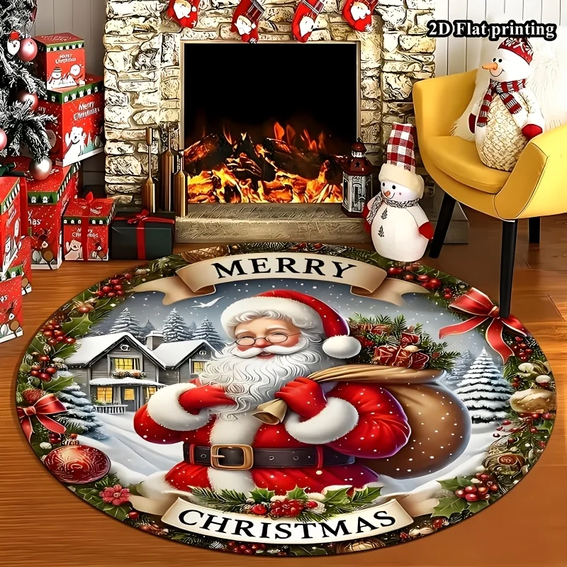 Round Rug, Rustic Wood Frame Snowman Pine Forest Winter Circular Floor Carpet, Non‑Slip for Sofa Side Lounge, Country Styley