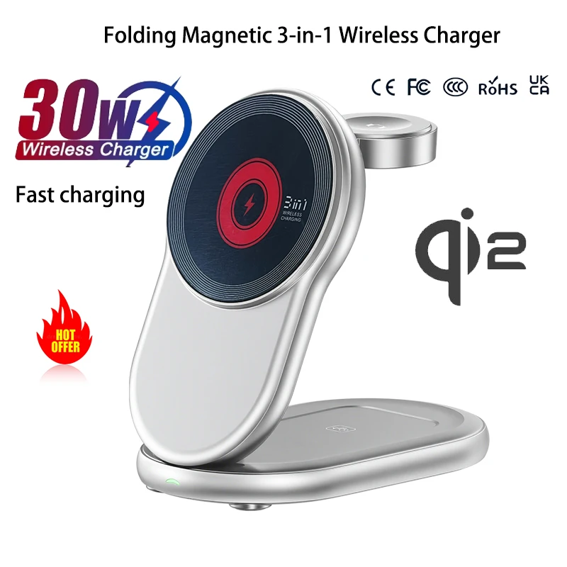 حامل شاحن لاسلكي Qi2 3 في 1 لهاتف iPhone 12/13/14/15/16/17 محطة شحن سريعة لساعة Apple 10 9 8 7 6 5 4 Airpods 2 3 #1