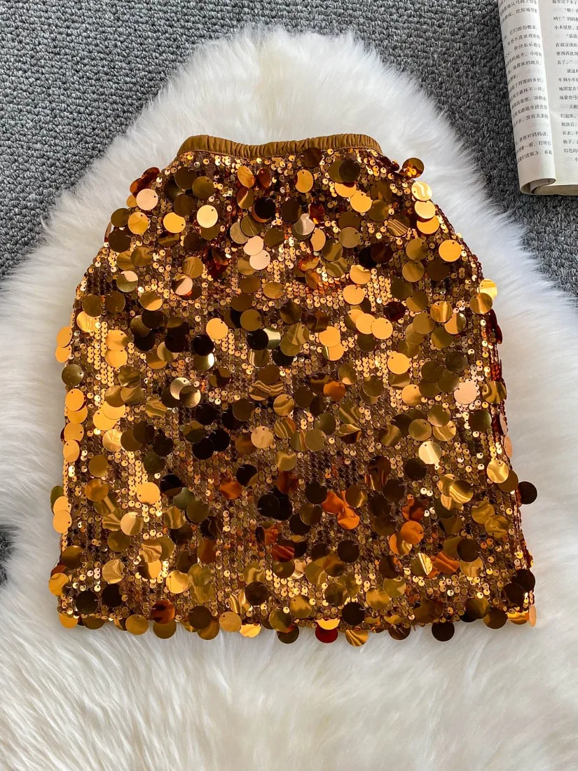 

Foamlina Women Fashion Sequins Glittering Mini Skirt Solid Elastic Waist Chic Performance Stage Clubwear Short Pencil Skirts