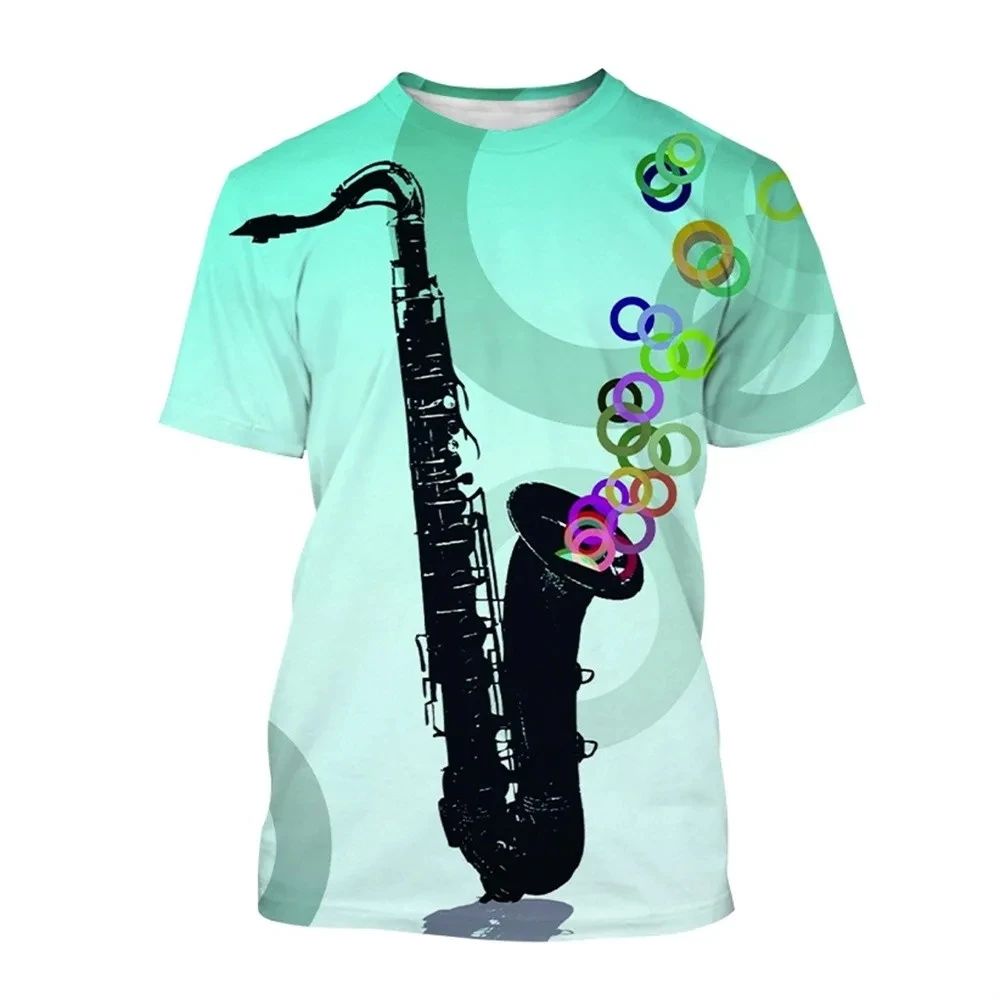 New Men's Street Casual Music Element 3D T-shirt Hip-Hop Saxophone Pattern Print Tops Fashion Trend Handsome Round Neck Clothing