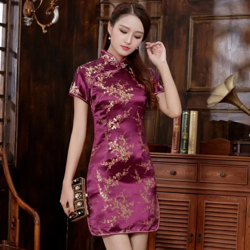 

Сексуальное вечернее платье в китайском стиле, Vestidso, женское винтажное Cheongsam с воротником-стойкой, элегантное короткое Ципао на пуговицах