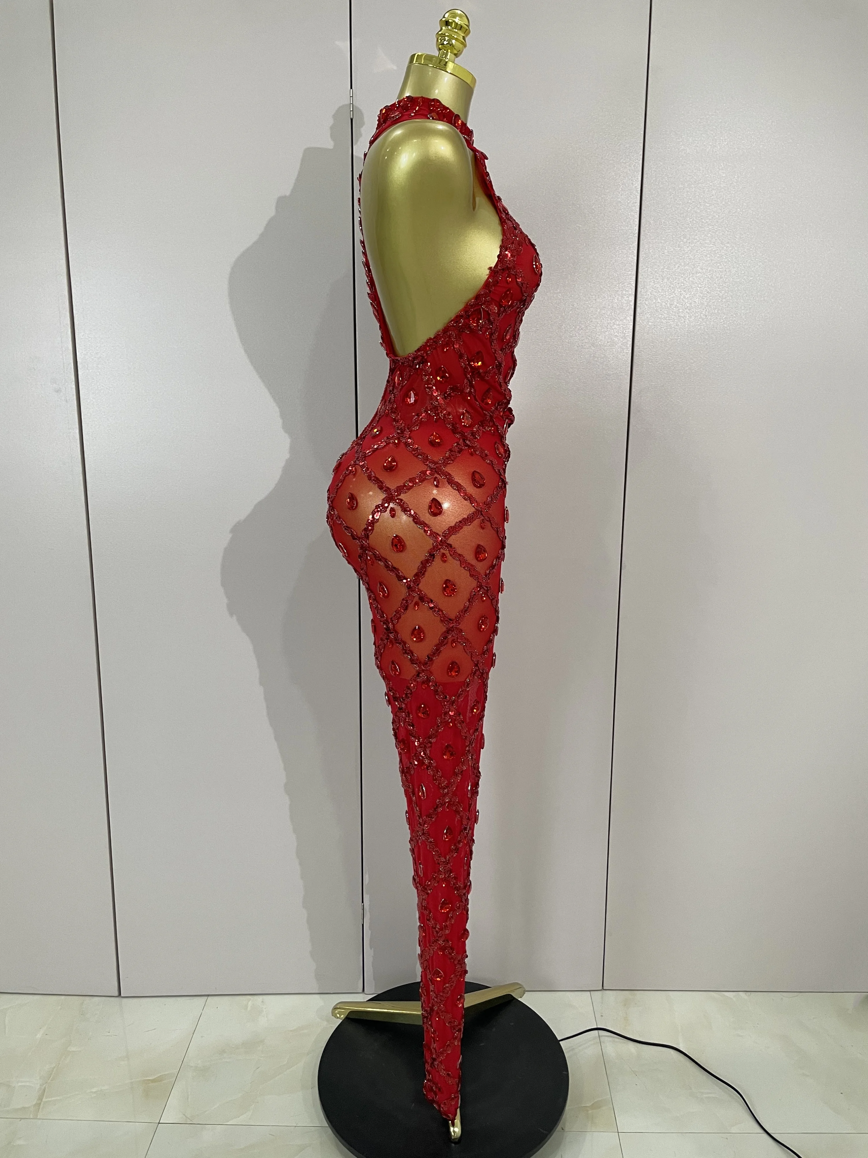 الأسهم الفاخرة سباركلي الأحمر الماس شبكة انظر من خلال بذلة احتفال عيد ميلاد مثير راقصة ملهى ليلي أداء المرحلة زي