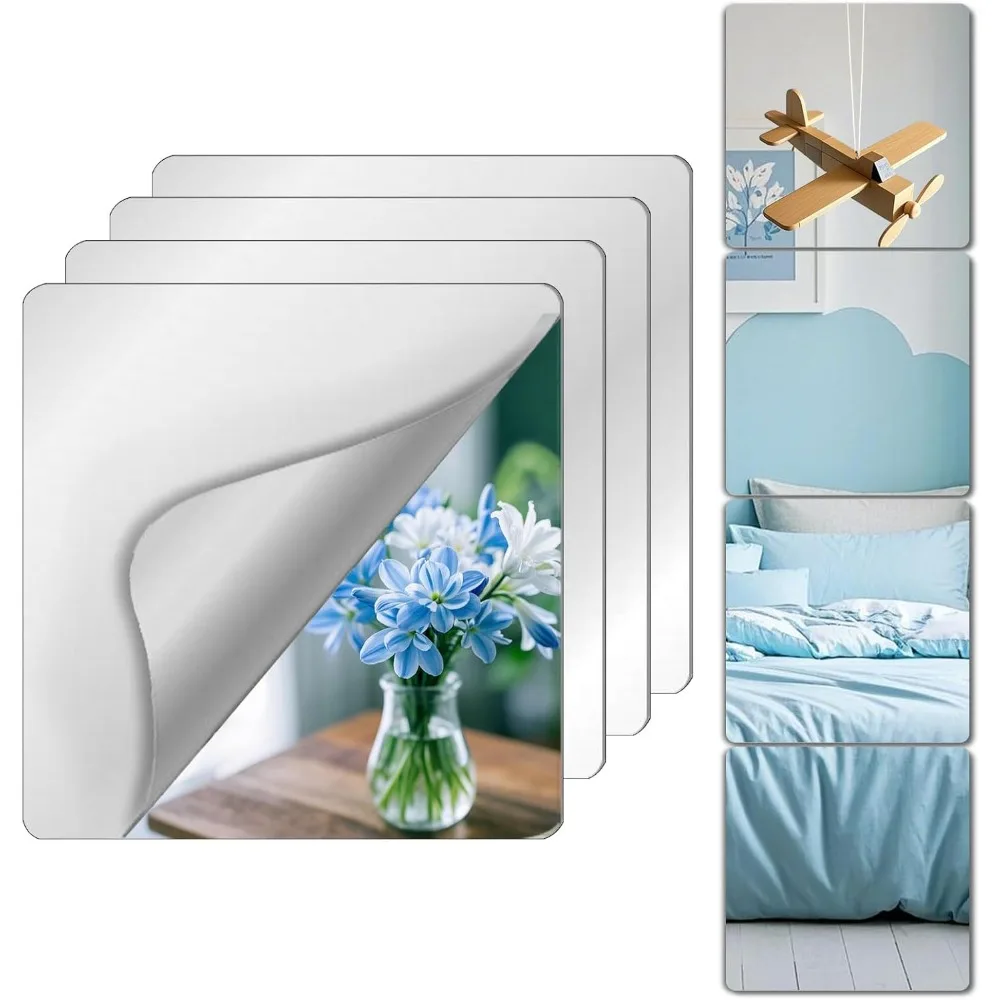 

Wall Mirror Tiles, 4PCS, 10”x10”, Unbreakable Peel And Stick on Mirror for Wall Mirrors Decorative, Small Adhesive Mirrors