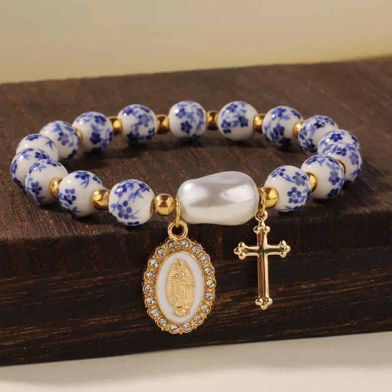 Handmade Blue White Porcelain Ceramic Beads Bracelet Baroque Pearl Cross Jewelry Vintage Women Daily Wear Birthday Gift Ornament