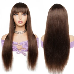 #2 Brown Color Vietnamese Human Hair Wig with Bangs Full Machine Made Fringe Wig Free Shipping Glueless Straight Human Hair Wigs