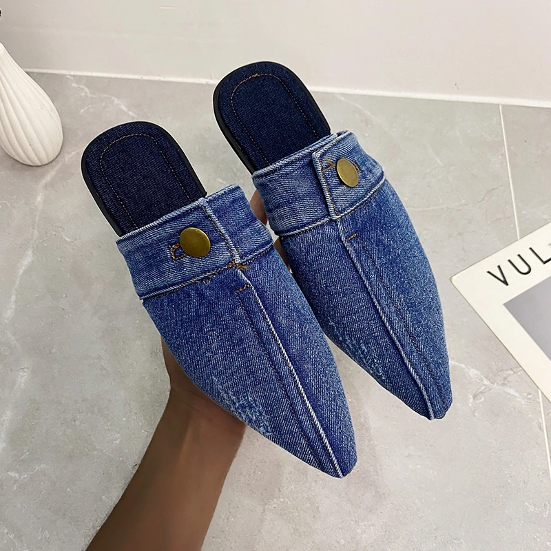 

New Fashion Blue Denim Cloth Slippers Pointed Toe Outdoor Slides Slingback Mules Slip on Flats Simple Women Shoes Summer Sandals