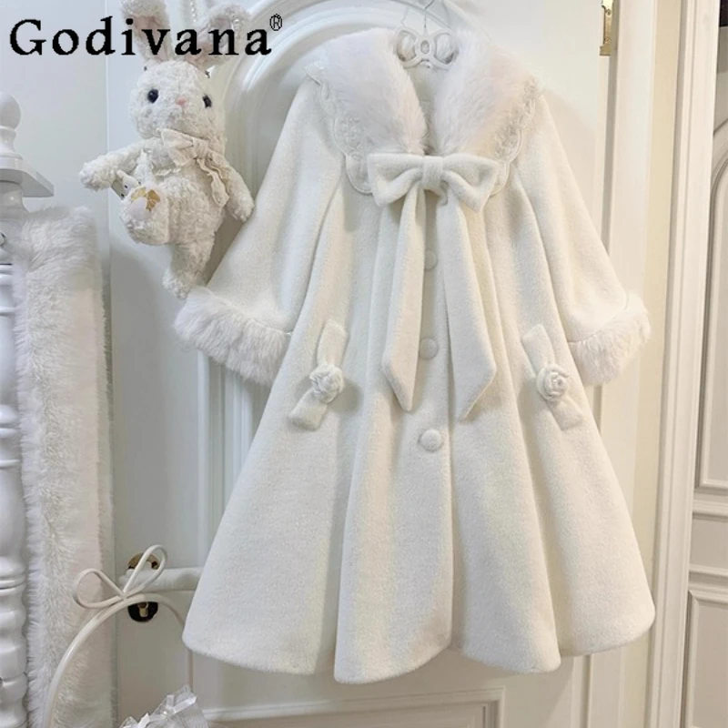 

Japanese Sweet Cute College Style Woolen Coat Women's Mid Length Lolita Winter New Style Coat Female Bow Design Wool Coat