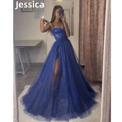 Jessica Royal Blue suknie balowe paski spaghetti brokatowa tiulowa sukienka na studniówkę księżniczka ukończenie szkoły w błyszczącym gorsecie sukienek