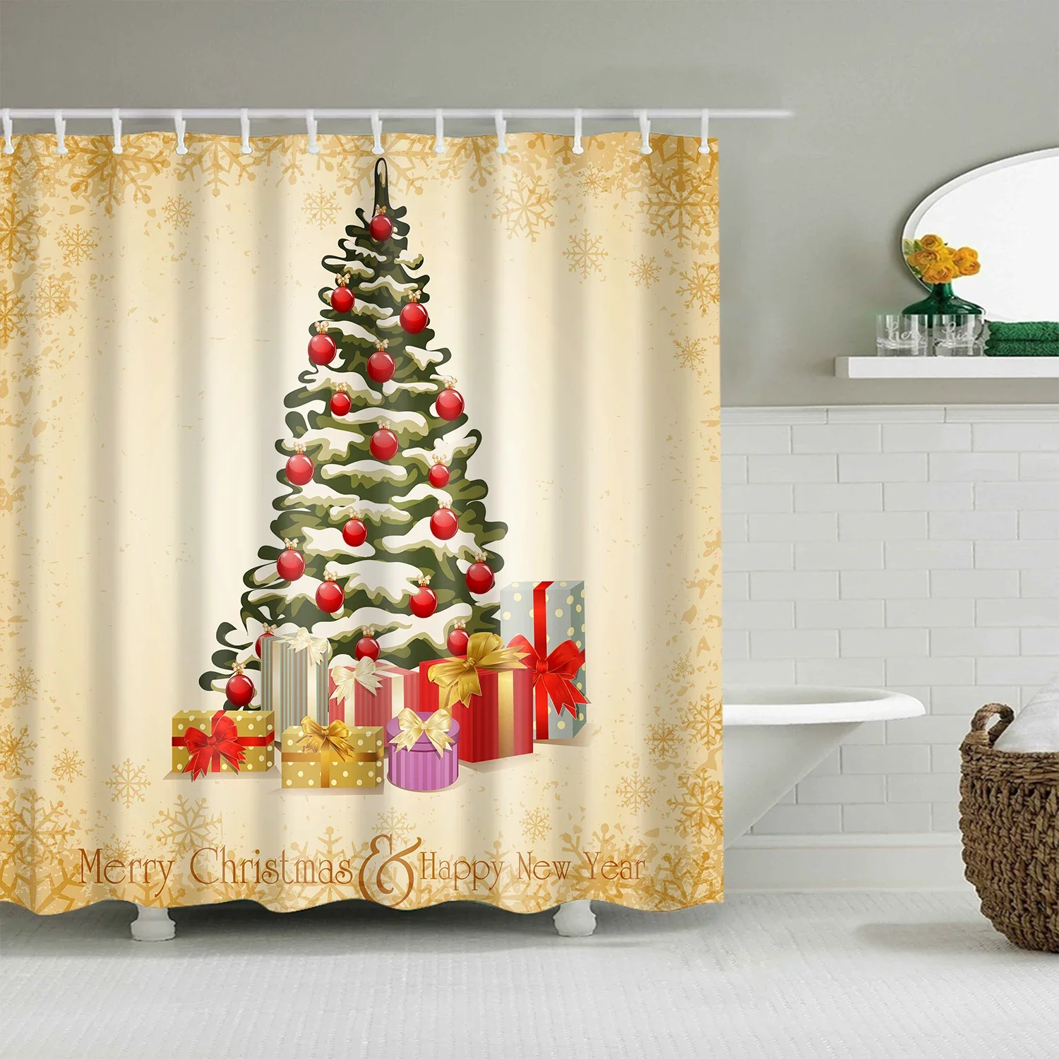 Merry Christmas Santa Claus Shower Curtain Xmas Present Bathroom Shower Curtains Fabric Waterproof Polyester Bathroom Curtain