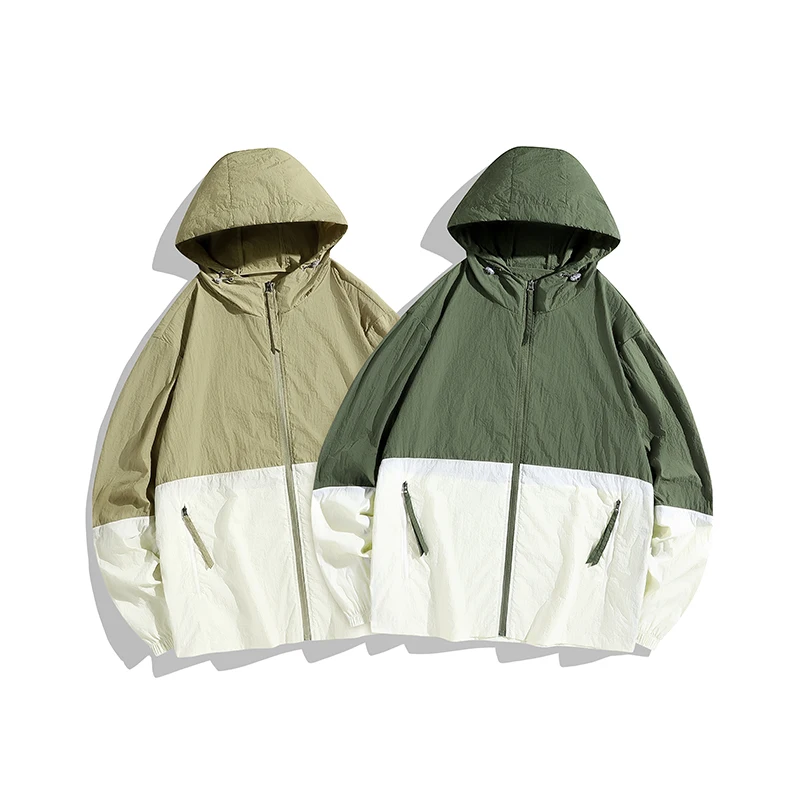 여성용 하이킹 재킷, 후드 자외선 차단 재킷, 느슨한 캐주얼 얇은 바람막이 패치워크 재킷, 야외 아웃웨어 UPF50