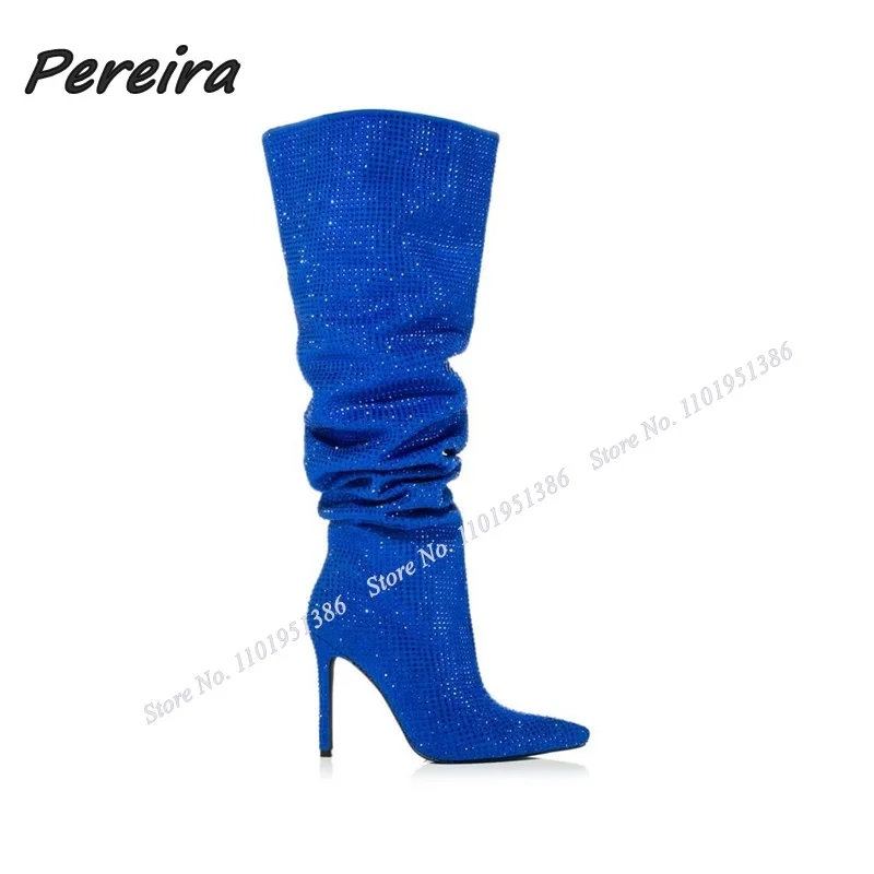 Pereira Blue Crystal Knee High Boots Pleated Slip on Stiletto High Heel Pointed Toe Shoes for Women High Heels Zapatillas Mujer