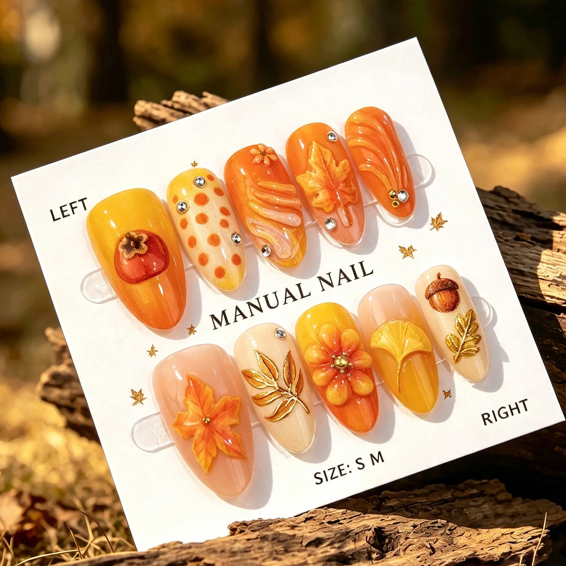 30pcs Autumn 3D Sculpted Press On Nails Maple Ginkgo Leaf Acorn Flower Fake Nail Orange Gradient Almond False Nail for Women