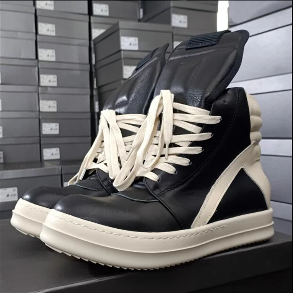 Brand Men Shoe Casual High Top Quality Women Sneaker owens Black Ankle Boot Geobasket Leather Fashion Thick-sole Flat Zip Shoe