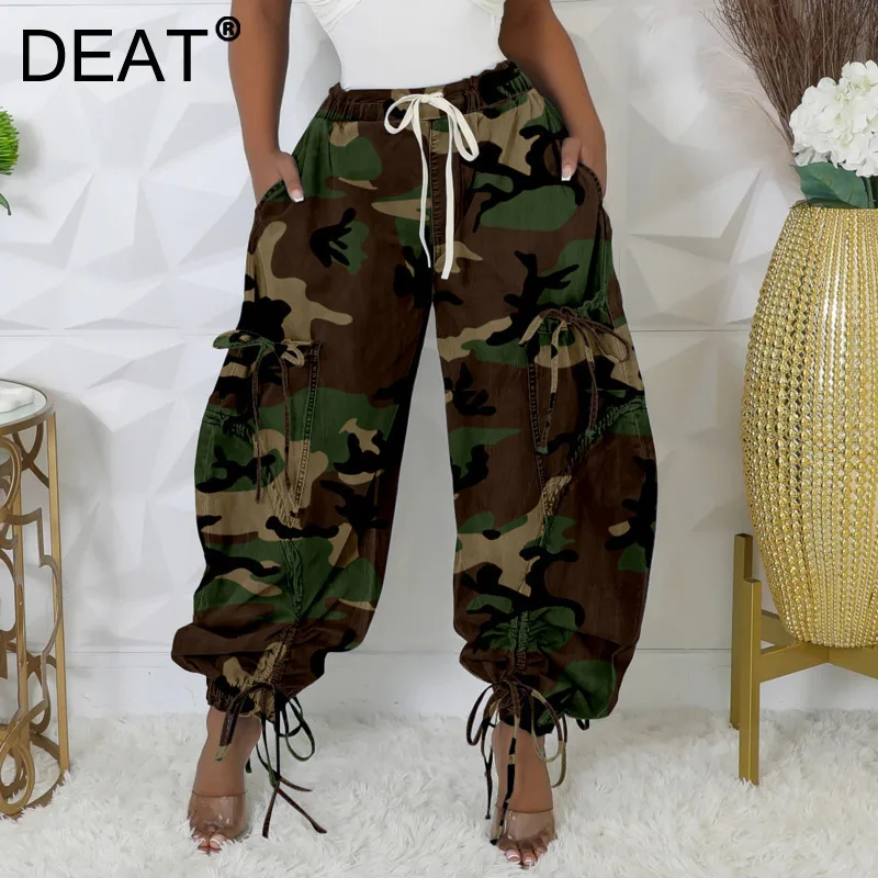 DEAT Women's Fashion Camouflage Printed Long Pant Rope Large Pocket Lantern Loose Elastic Waist Pants 2025 Spring New 11A0731