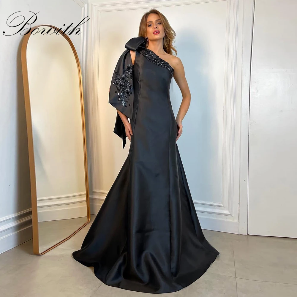 

Bowith One-Shoulder Black Evening Dresses Beading Applique Mermaid Floor-Length Satin Prom Dresses Customized Party Dresses