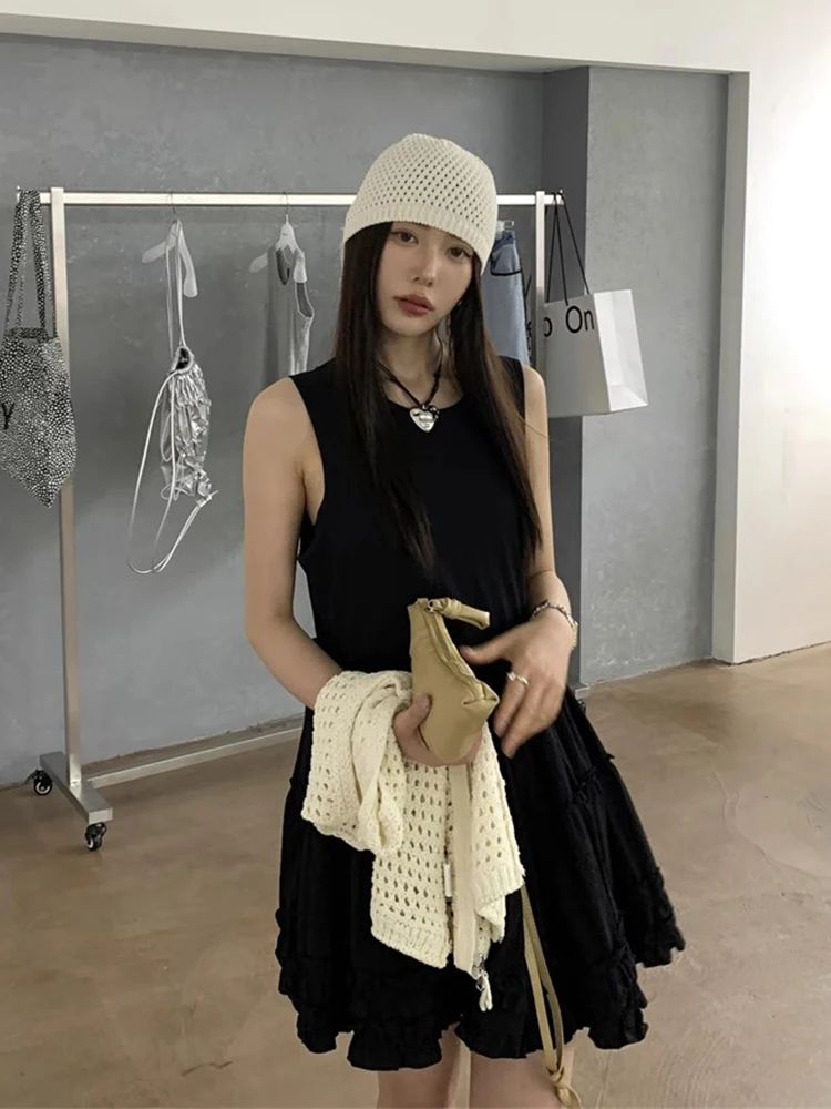 Vestido F Estilo Coreano com Design de Camadas e Decote Redondo, Estilo Cake, Saia Curta