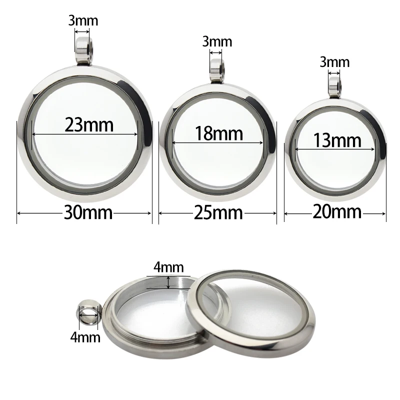 20mm 25mm 30mm Floating Glass Memory Locket Pendant with Twist Top Stainless Steel + Glass Medallion (no charms, no chains)