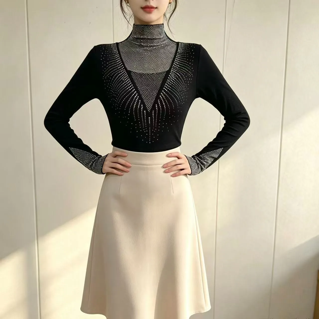 MadBlack-Women European T-Shirt, Sexy Turtleneck Diamond, Clubwear Long Sleeve Slim M-3XL Knit Tee, 2026 Autumn New T6O567CC
