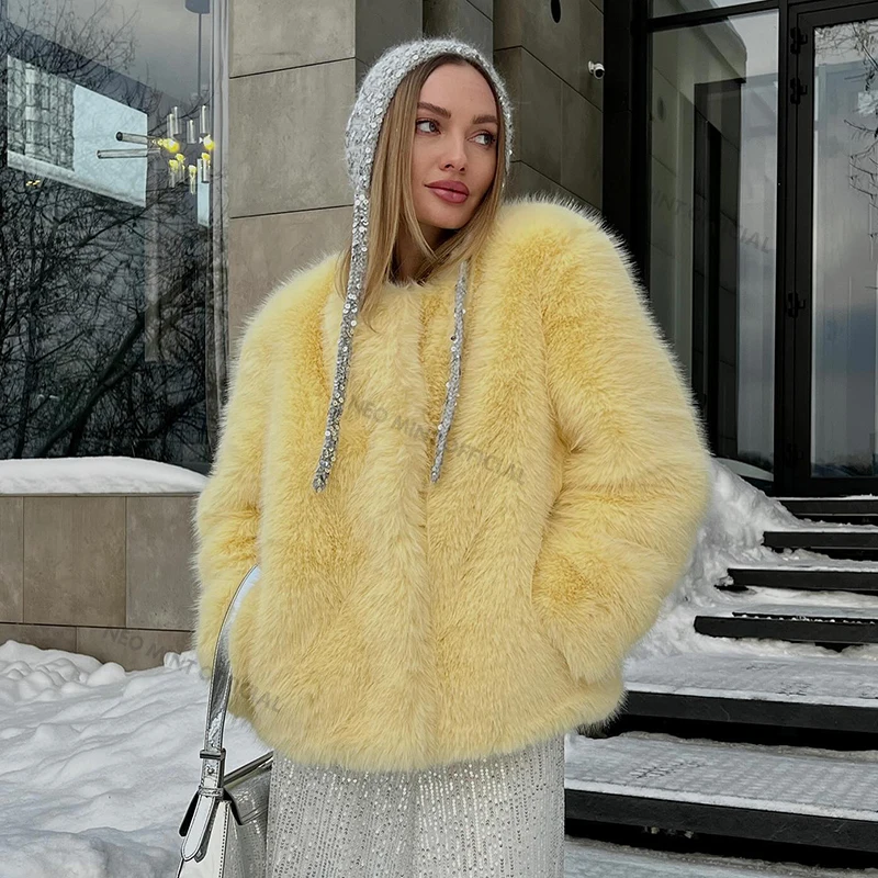 Neo Mint Cool Street Girls Winter Fashion Fluffy giacca di pelliccia di volpe donna Casual girocollo cappotto di pelliccia sintetica Chic capispalla calda spessa