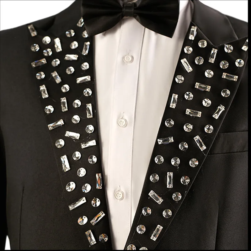 Men\'s Solid Color Formal Suit Wedding Dinner Party Tuxedo Pants 2 Piece Set Rhinestones Collar Slim Blazer Trousers Chorus Suits