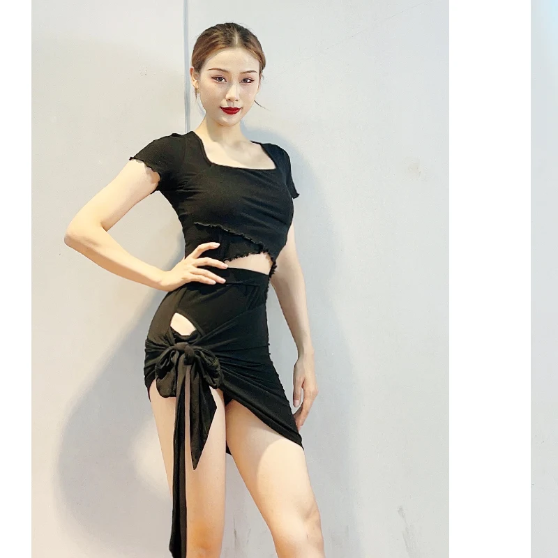 2023 New Latin Dance Practice Clothes Black Sexy Tops Irregular Skirt Suit Chacha Rumba Tango Adult Latin Dance set