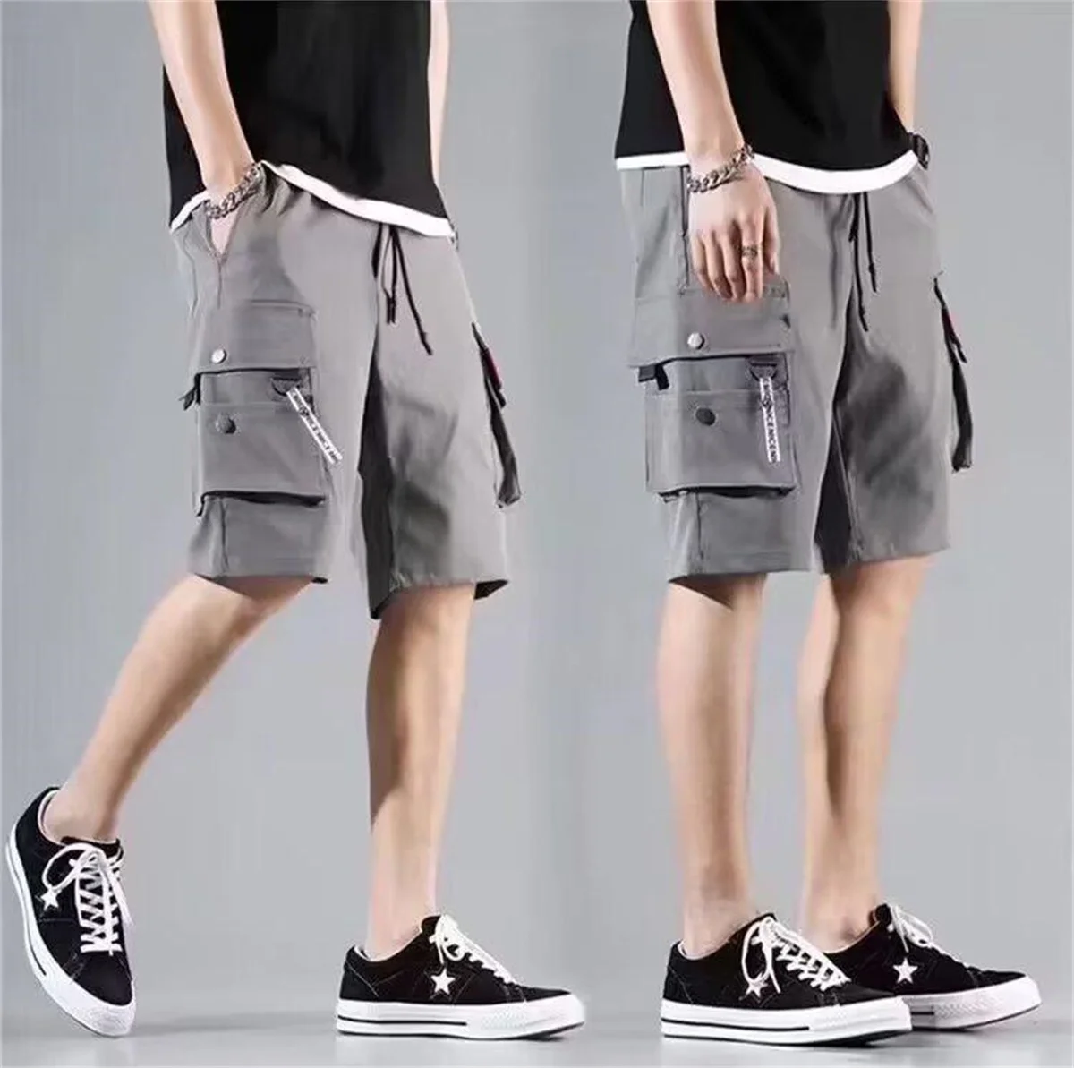 

Black Hip Hop Cargo Shorts for Men's Summer Wide Leg Casual Shorts Korean Gray Green Pants Loose Japan High Waist Pants Men