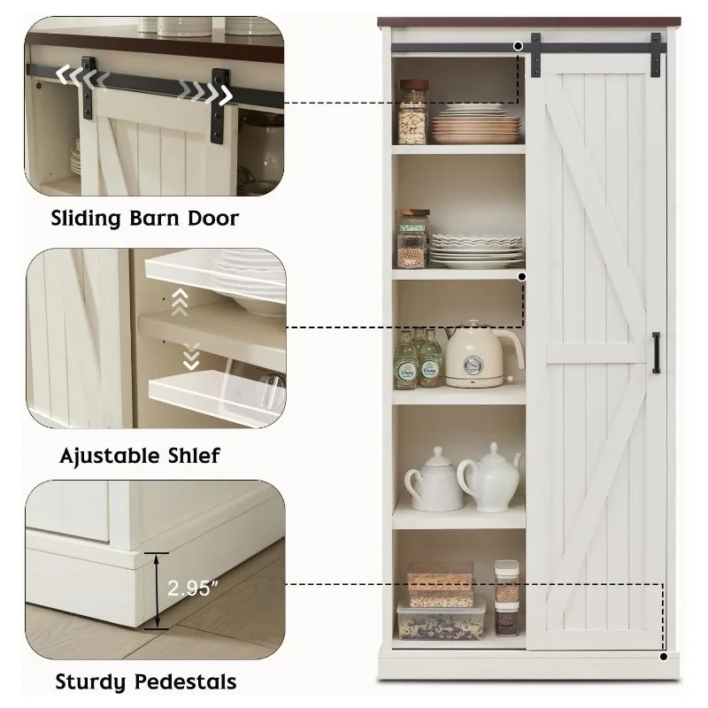 72" Tall Farmhouse Storage Cabinet, Large Kitchen Pantry with Sliding Barn Doors & Adjustable Shelves, Versatile Cupboard