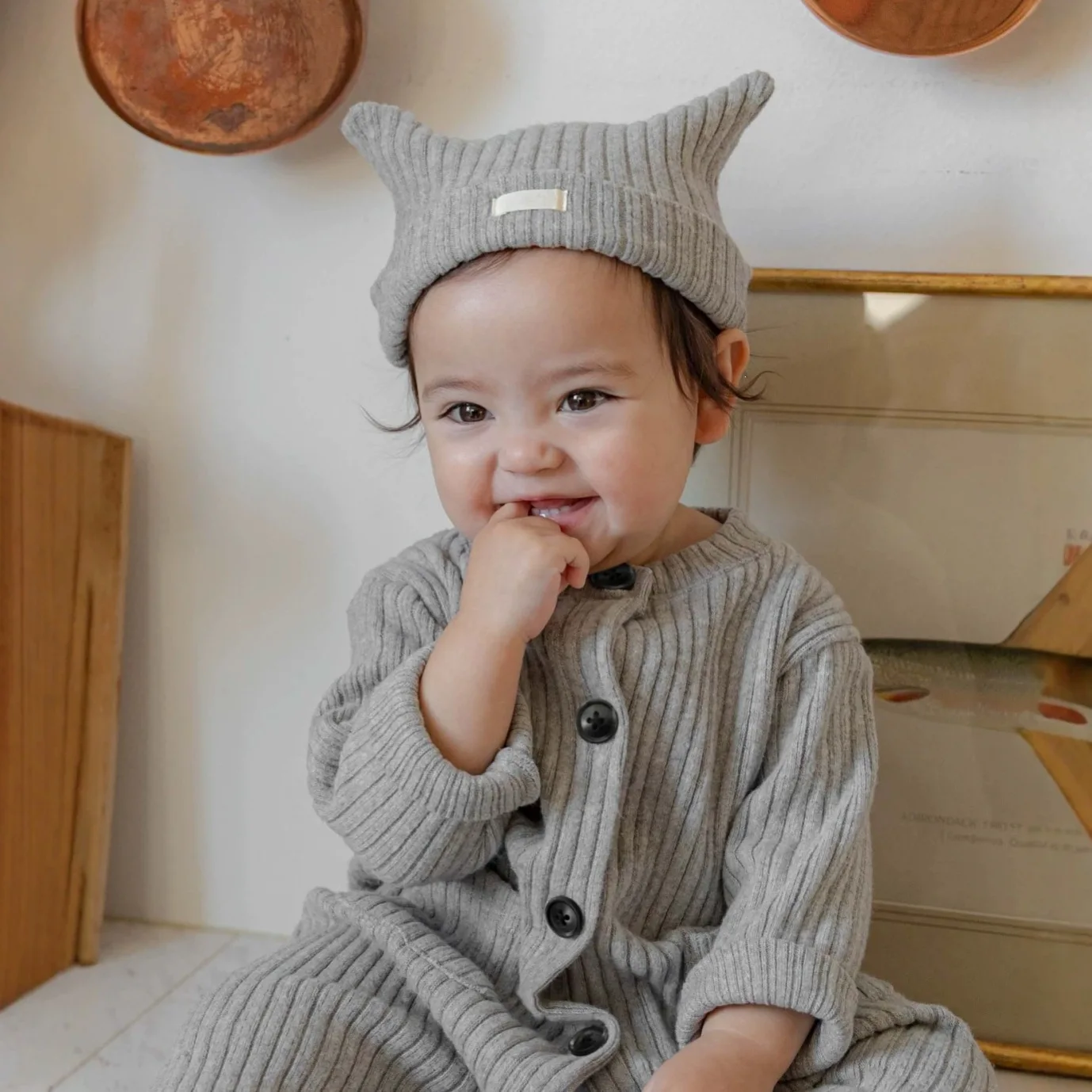 Fall Winter Infant Baby Long Onesie Kids Long Sleeve Single Breasted Knit Jumpsuit Cute Warm Solid Hat