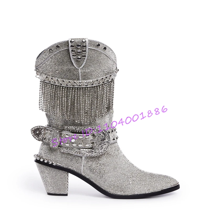 

Luxury Crystal Tassels Women Boots Bling Silver Rivets Rhinestone Belt Buckle Zipper Thick Heel Calf Boots Party Banquet Shoes