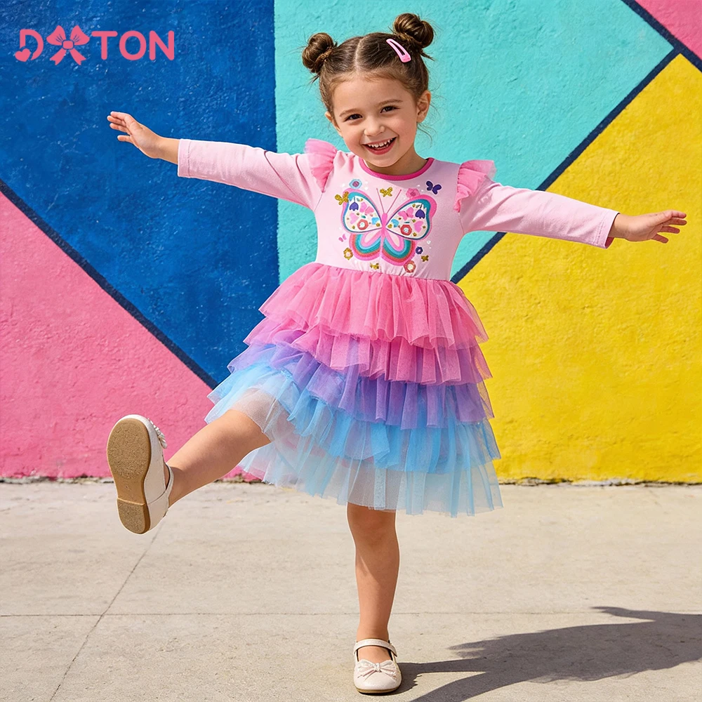 DXTON Kids Princess Mesh Dress Long Sleeve Autumn Spring Children Cotton Clothing Butterflies Mesh Cake Girls School Daily Dress