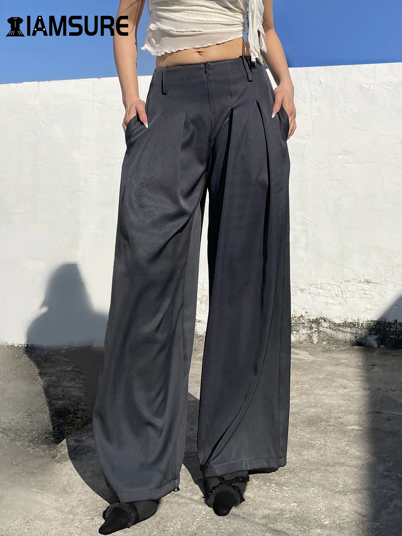 

IAMSURE Casual Loose Folds Suit Pants Basic Solid Mid-Waisted Wide Leg Pants Women 2024 Autumn Spring Fashion Streetwear Ladies