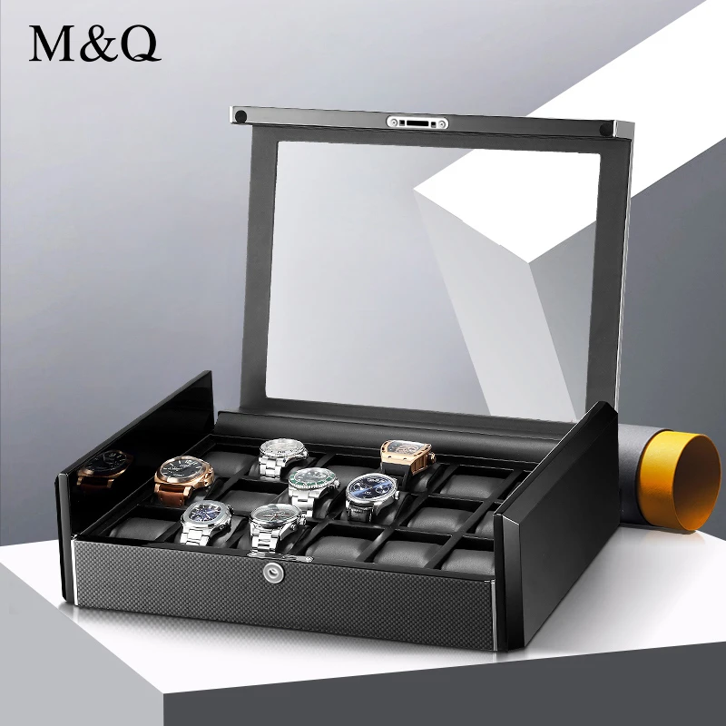 M&Q Men Carbon Fiber Watch Storage Box Handmade Wristwatch Holder Scratch Resistant Dustproof Watch Display Gift Box