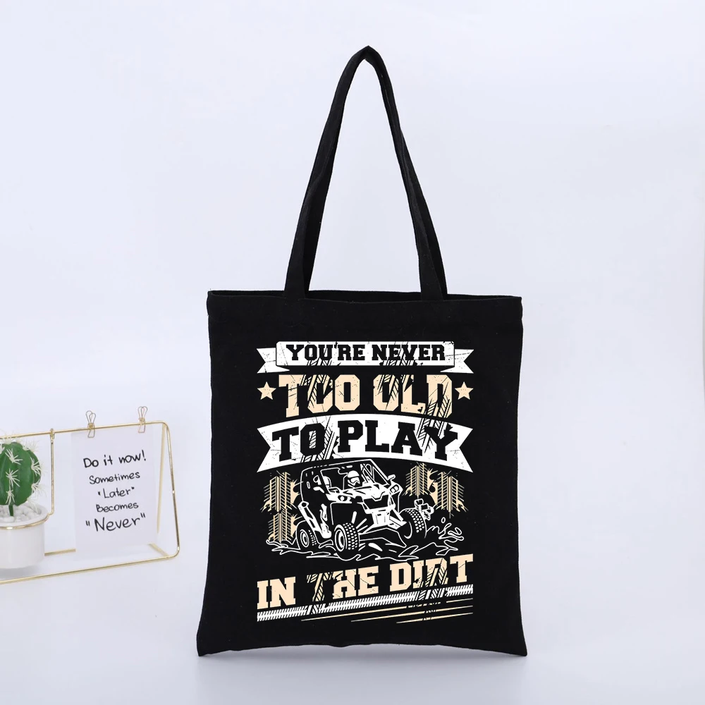 Off-Road Vehicle and Slogan Print Canvas Tote Bag, Vintage Style for Casual Outdoor Use