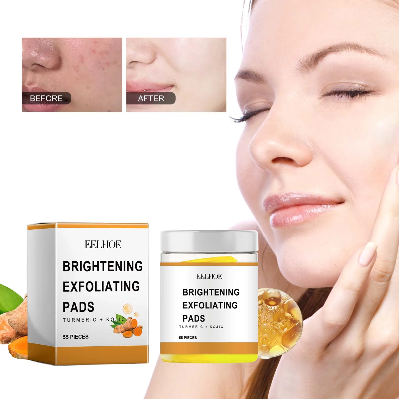 EELHOE Turmeric Exfoliating Pads Face Oil Control Kojic Acid for Face Exfoliating Facial Dead Skin Removal Cleansing Pad 55PCS