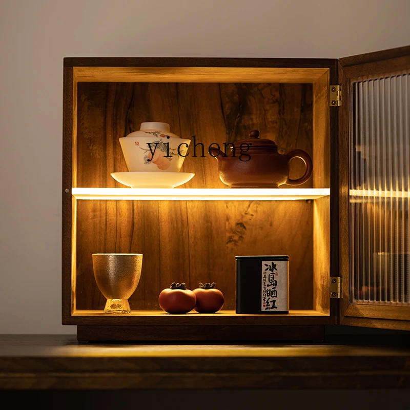 XL Walnut Creative Desktop Dust Storage Cabinet with Light Cup Shelf Tea Cabinet