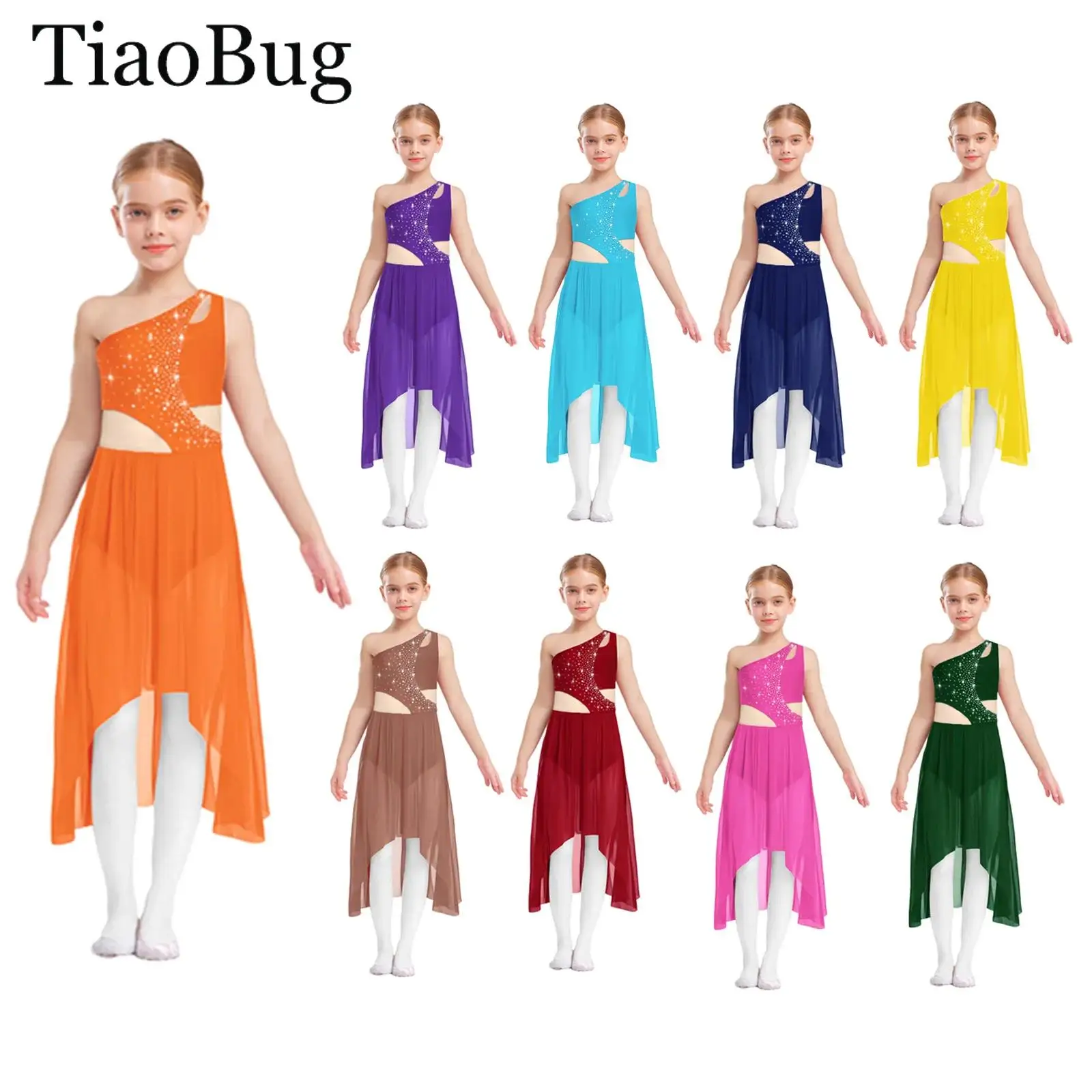 

Детский балетный костюм для художественной гимнастики для девочек, лирический танцевальный костюм на одно плечо, без рукавов, со стразами, сетчатое трико для катания на коньках