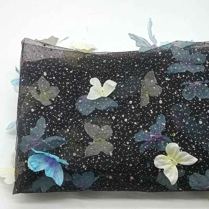 Black 3D Butterfly Fabric with High-Density Ombré Sequins, Sheer Tulle Material for Dresses, Kids Clothing, Birthday Decor