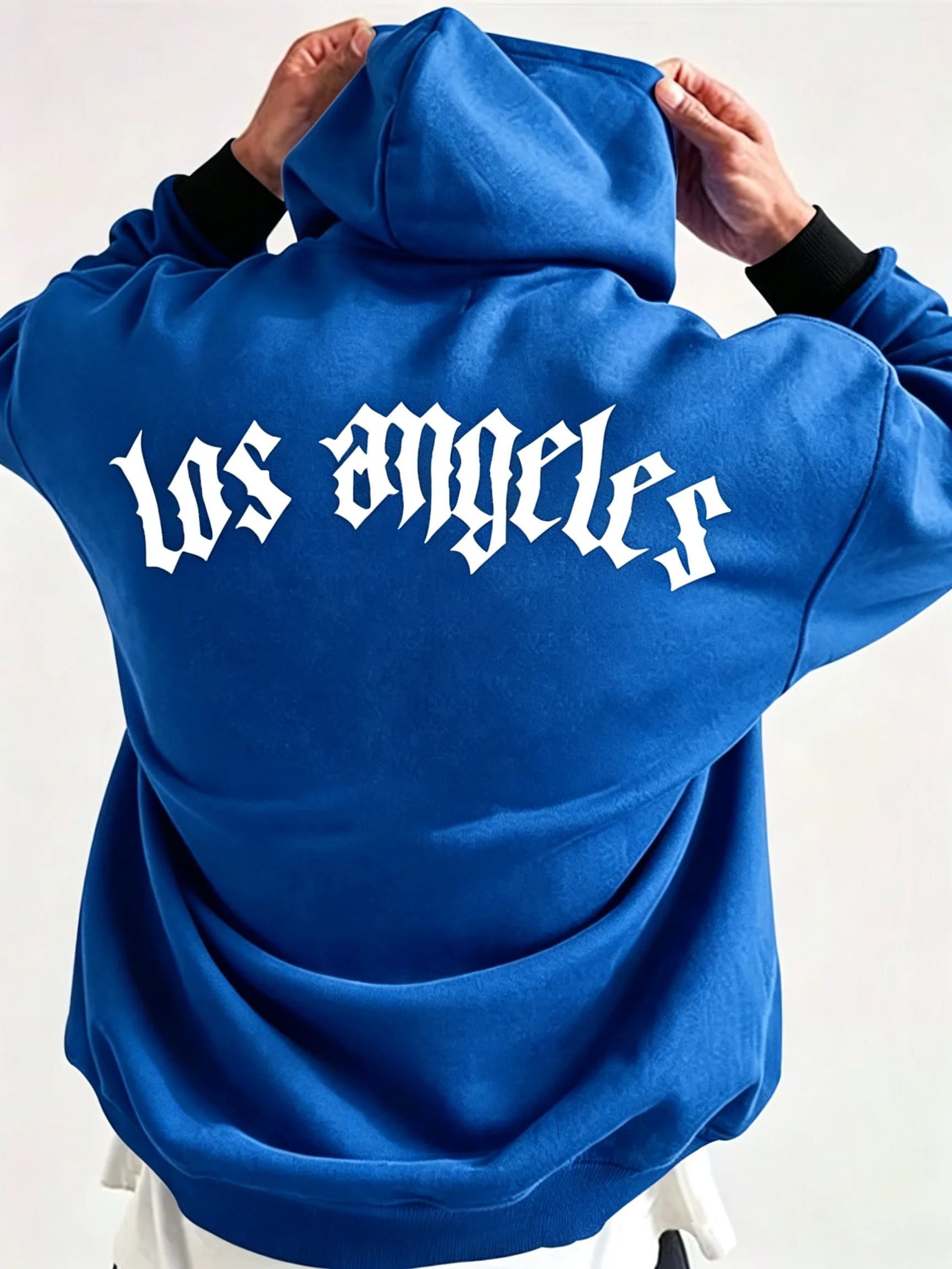 Men Autumn Gothic Letter Print Micro Elastic Hooded Sweatshirt, Urban High Street Outdoor Hoodie