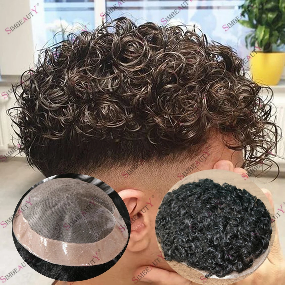 20mm Curly Hair Toupee for Men Super Durable Fine Mono NPU Base 100% Human Hair System Pieces Prosthesis Wigs Capillary