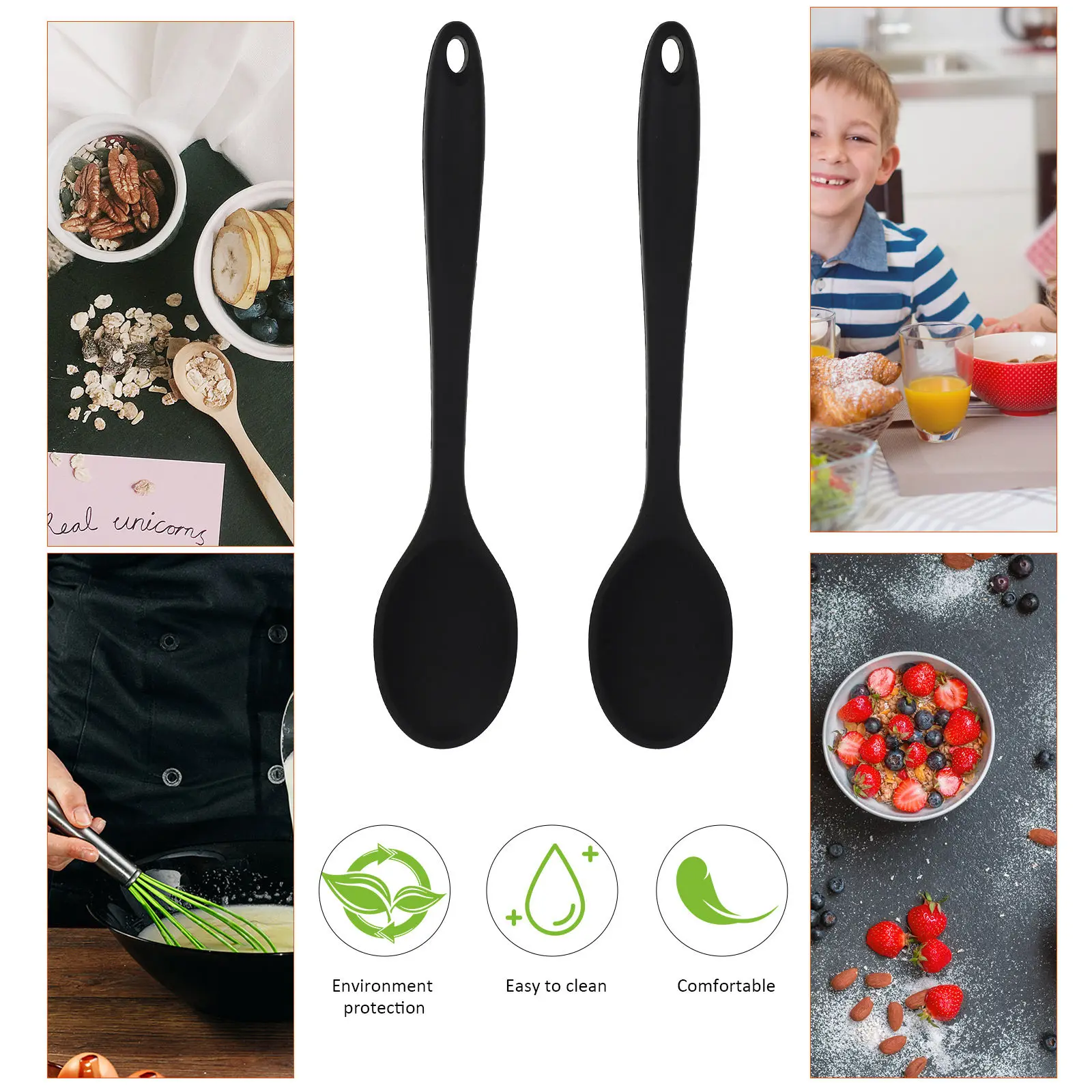 2Pcs Food-Grade Silicone Cooking Spoons – Non-Scratch, Ergonomic Handle, Hanging Hole, Easy-Clean Multipurpose Kitchen Tools
