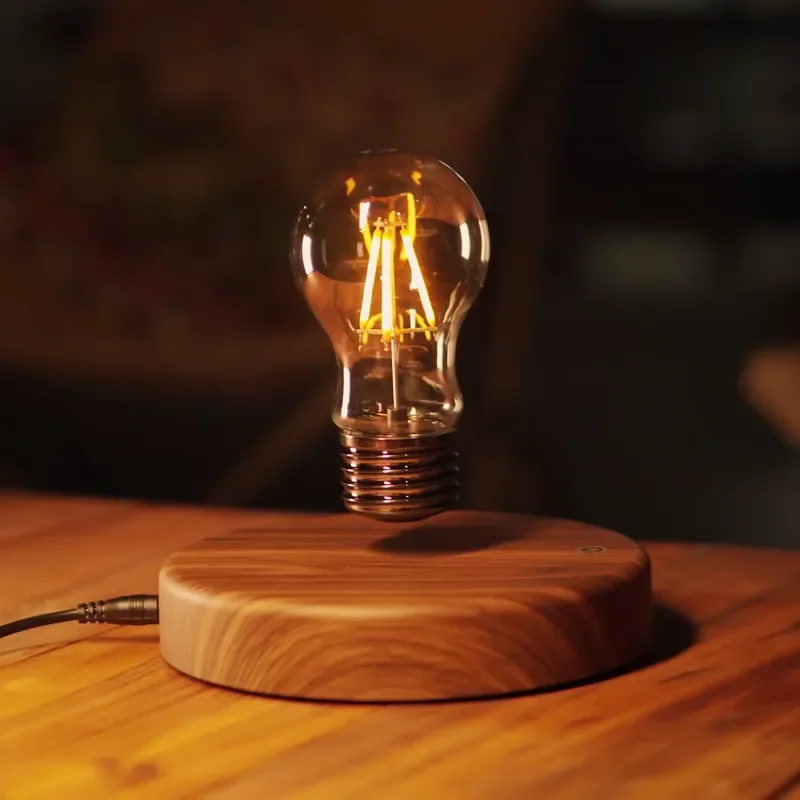 Magnetic Levitation Floating Table Lamp LED Bulb with Wooden Base Modern Decorative Night Light for Home Office Desk Ambient
