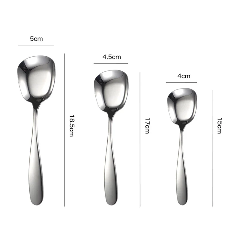 3 Size Stainless Steel Large Square Kitchen Spoon Flat-bottomed Rice Soup Ladle for Dessert Ice Cream Serving Spatula Tableware