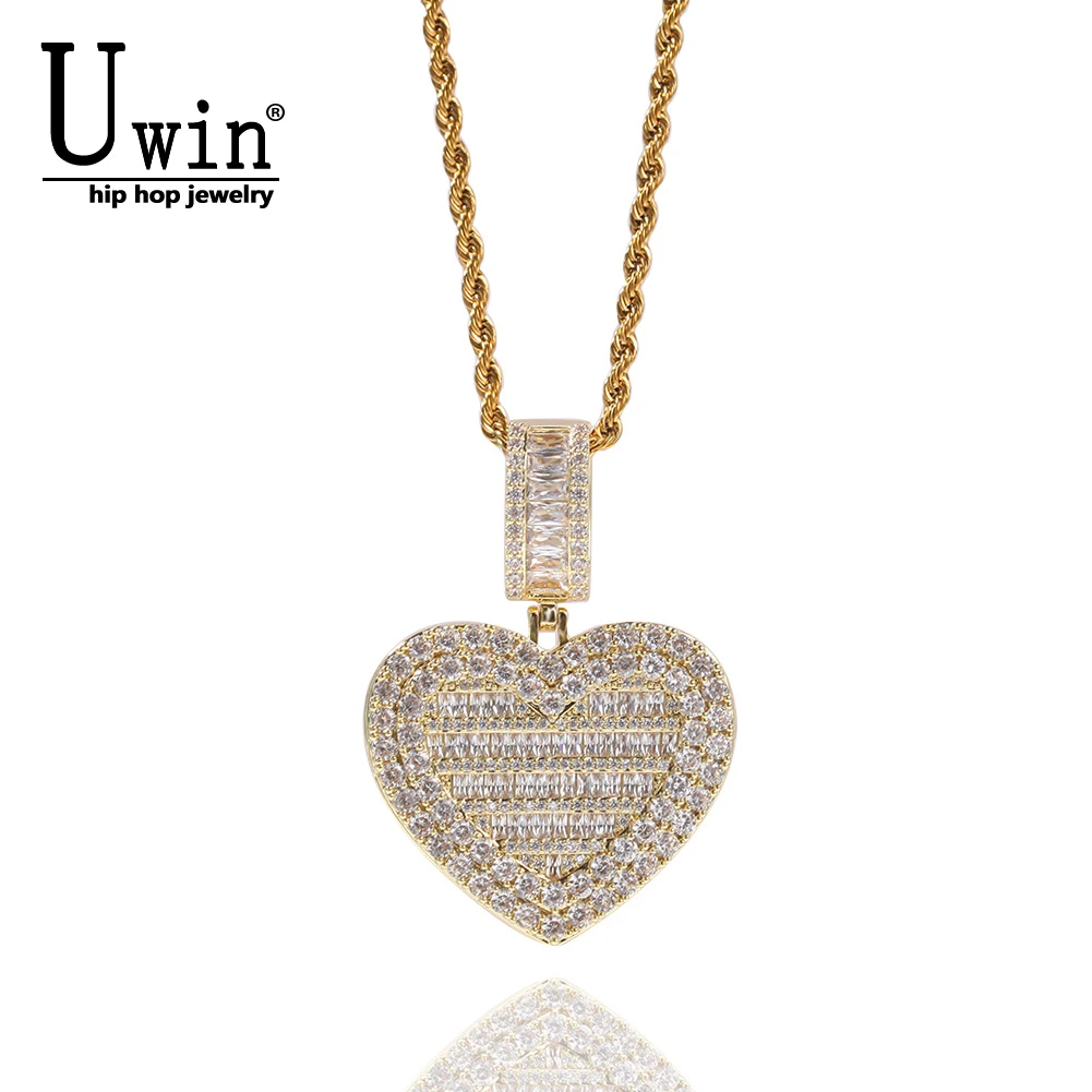 

Uwin Custom Big Heart Photo Memory Medallions Pendant Necklace Heart Shape Cubic Zircon Men's Hip Hop Jewelry For Drop Shipping