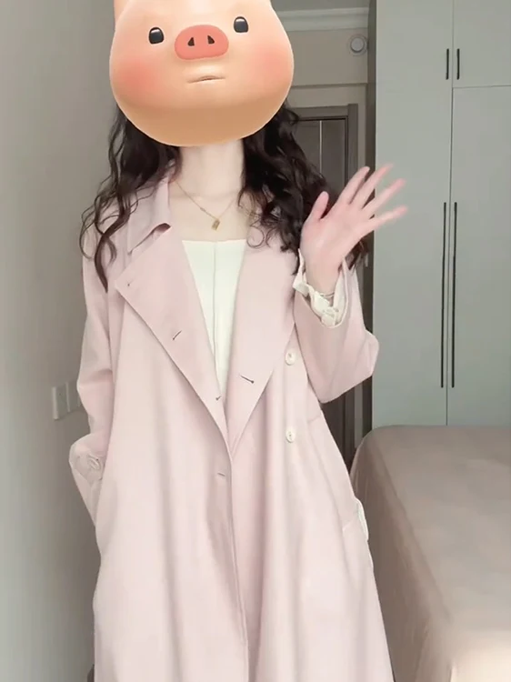 

Trench Coat Buttoned To The Top Woman Clothing Dry College Woman'S Senior Below-The-Knee Springautumn Beauty Eyelets